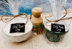 5oz solid dish soap in a teal or white ramekin w/brush