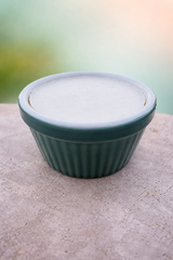 6oz solid dish soap in a teal or white ramekin w/brush