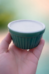 6oz solid dish soap in a teal or white ramekin w/brush